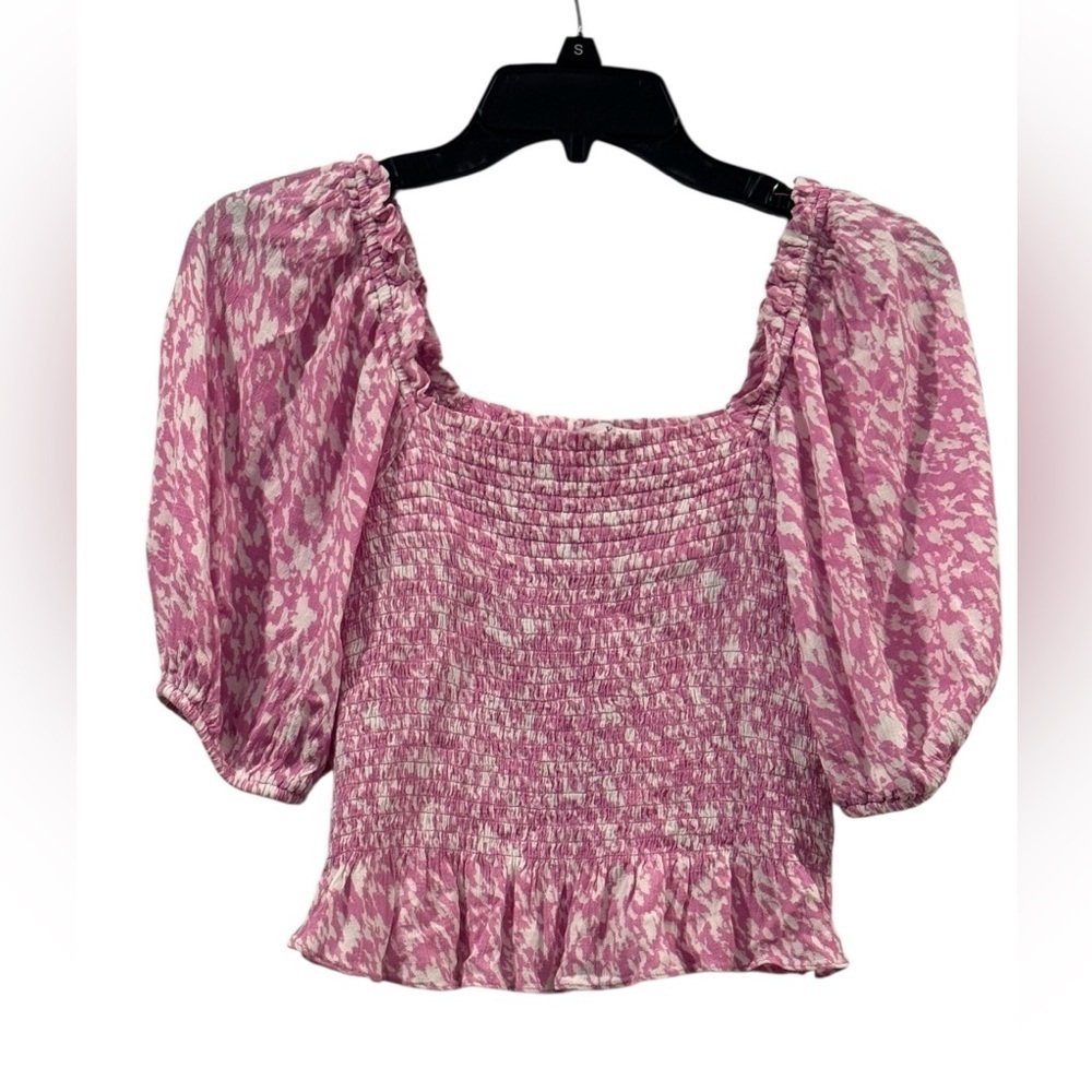 Women’s Gab Kate Smocked Ruffled Hem Puff Sleeves Pink & White Blouse: S - Picture 5 of 7